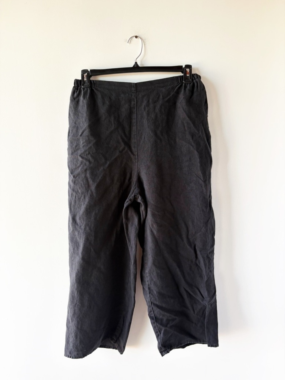 FLAX Black 100% Linen Straight Leg Cropped Pants Elastic Waist Minimalist L